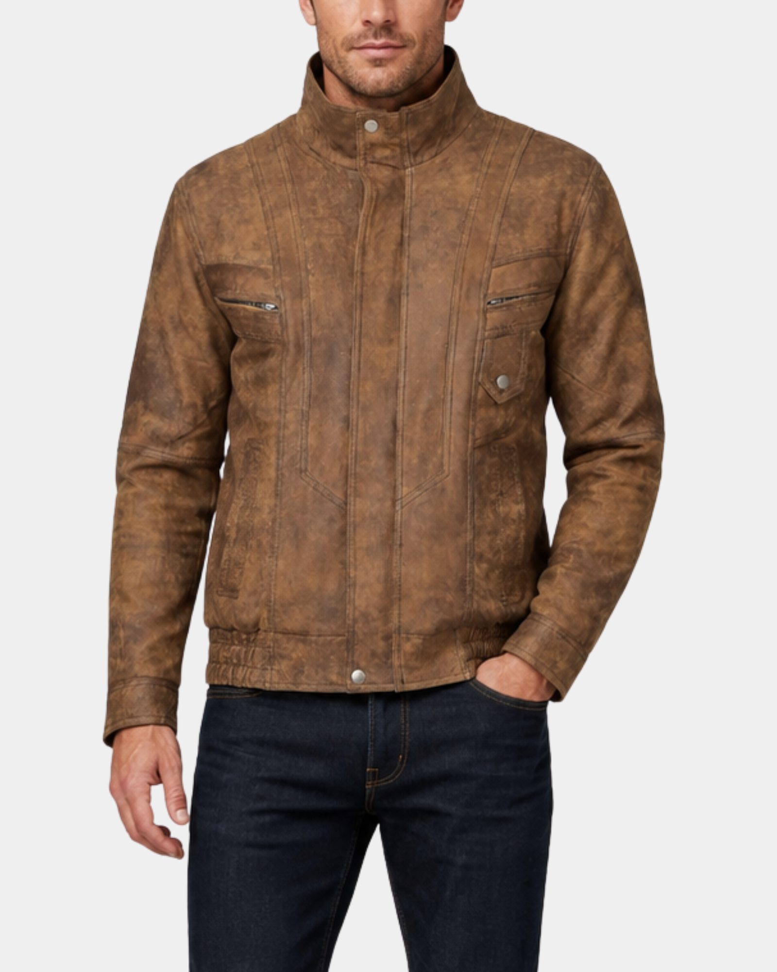 Men's Leather Bomber Blouson Jacket Robert Zenith Brown front closed