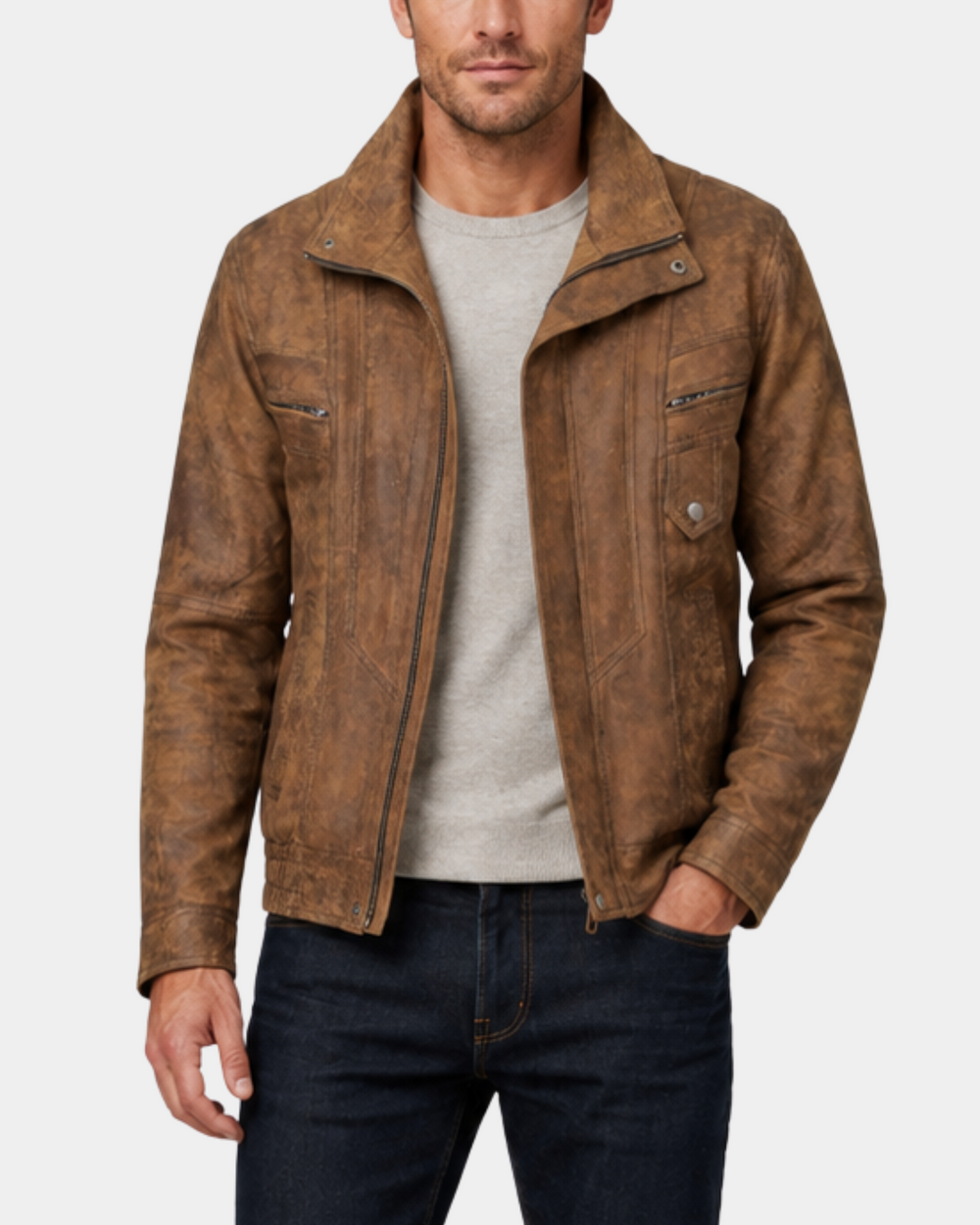Men's Leather Bomber Blouson Jacket Robert Zenith Brown front open