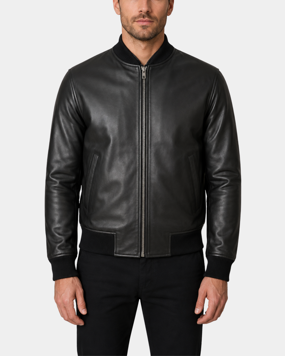 Men's Leather MA-1 Bomber Jacket Ryan Nova Black front closed