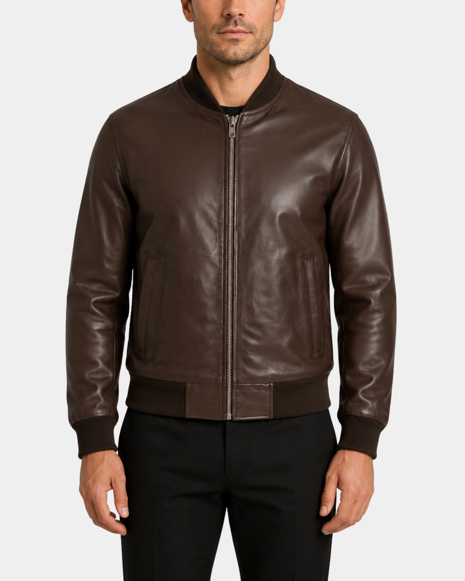 Men's Leather MA-1 Bomber Jacket Ryan Zenith Brown front closed