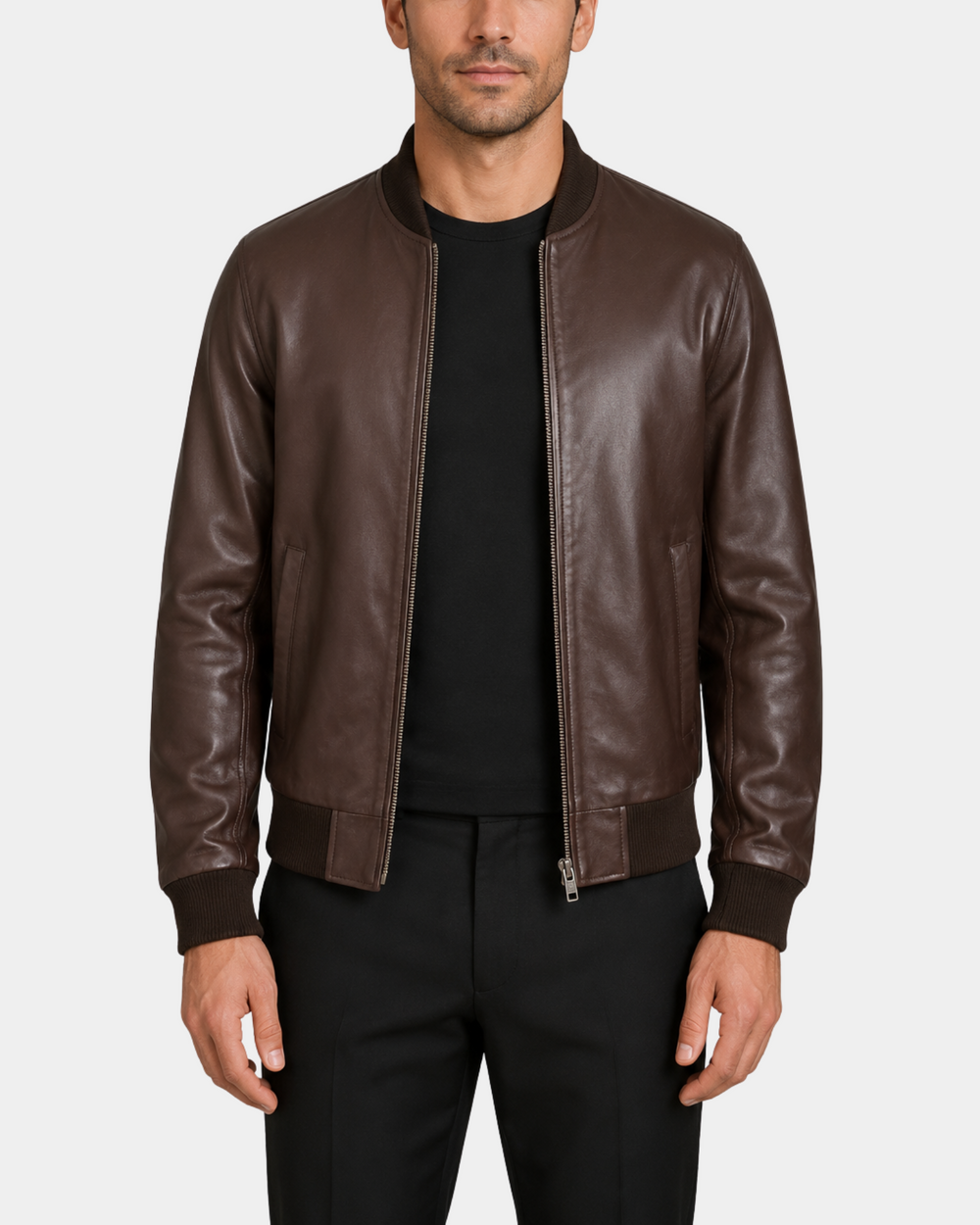 Men's Leather MA-1 Bomber Jacket Ryan Zenith Brown front open