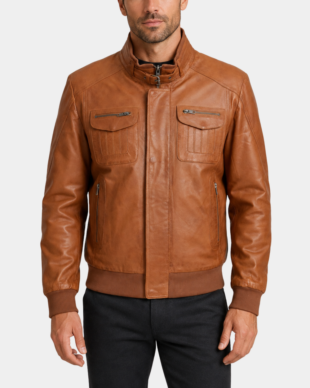 Men's Leather Bomber Flight Jacket Tom Dynamo Tan front closed