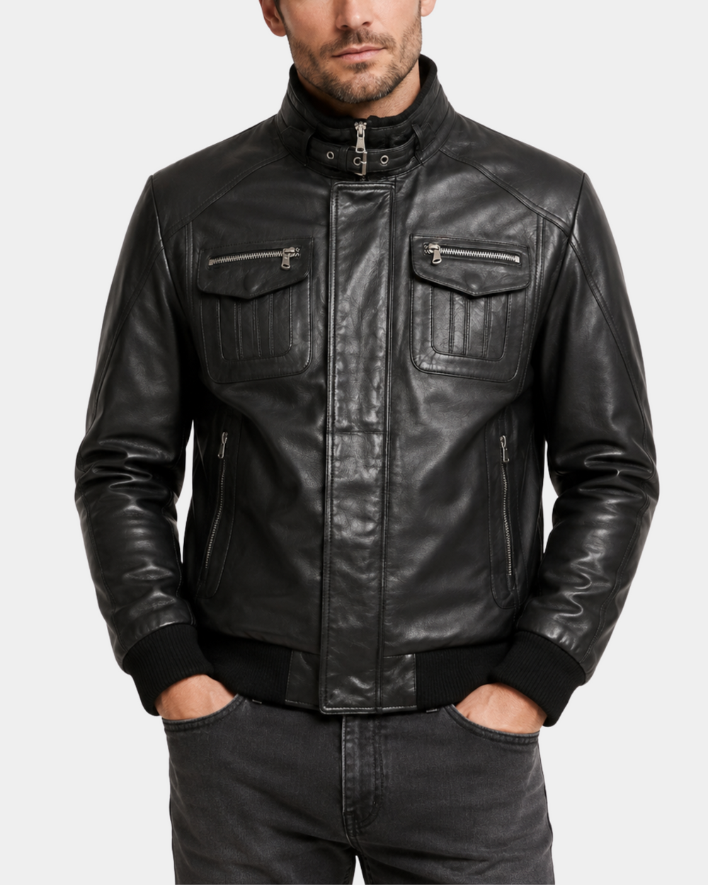 Men's Leather Bomber Flight Jacket Tom Nova Black front closed