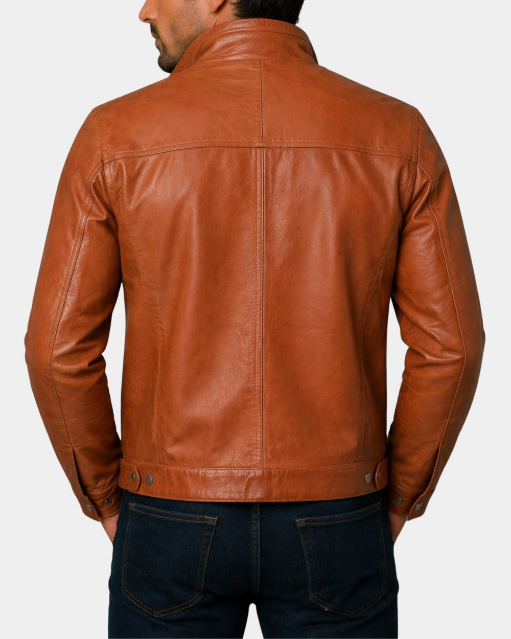 Men's Standing Collar Leather Jacket Tony Dynamo Tan back view