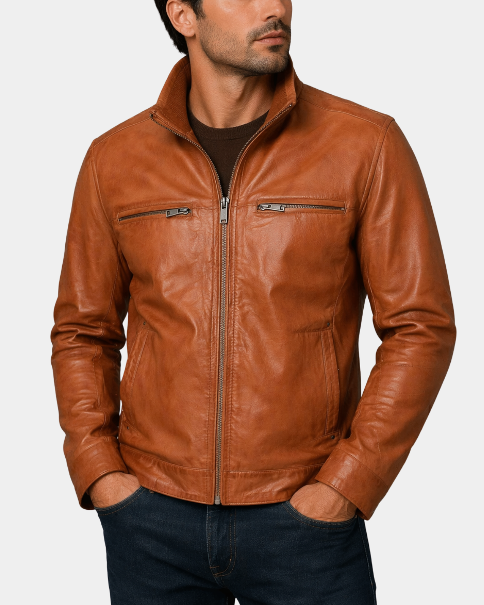 Men's Standing Collar Leather Jacket Tony Dynamo Tan closed front view