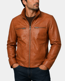Men's Standing Collar Leather Jacket Tony Dynamo Tan closed front view