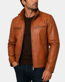 Men's Standing Collar Leather Jacket Tony Dynamo Tan open front view