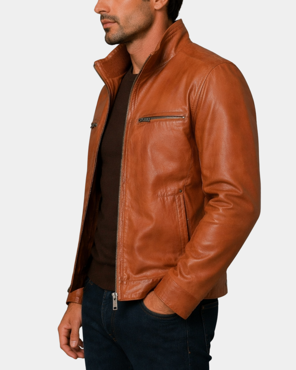 Men's Standing Collar Leather Jacket Tony Dynamo Tan side view