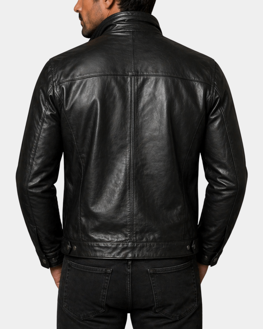 Men's Standing Collar Leather Jacket Tony Nova Black back view