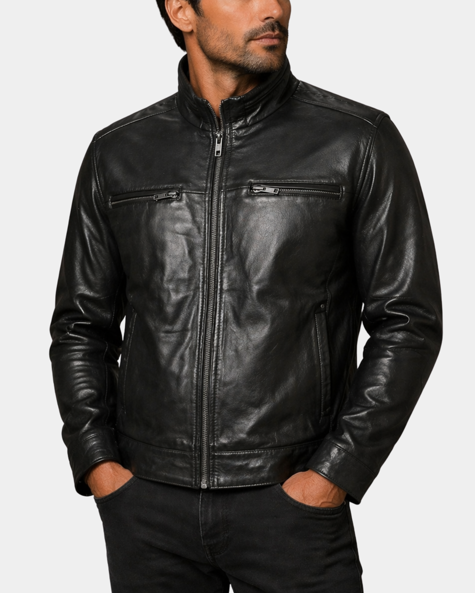 Men's Standing Collar Leather Jacket Tony Nova Black closed front view