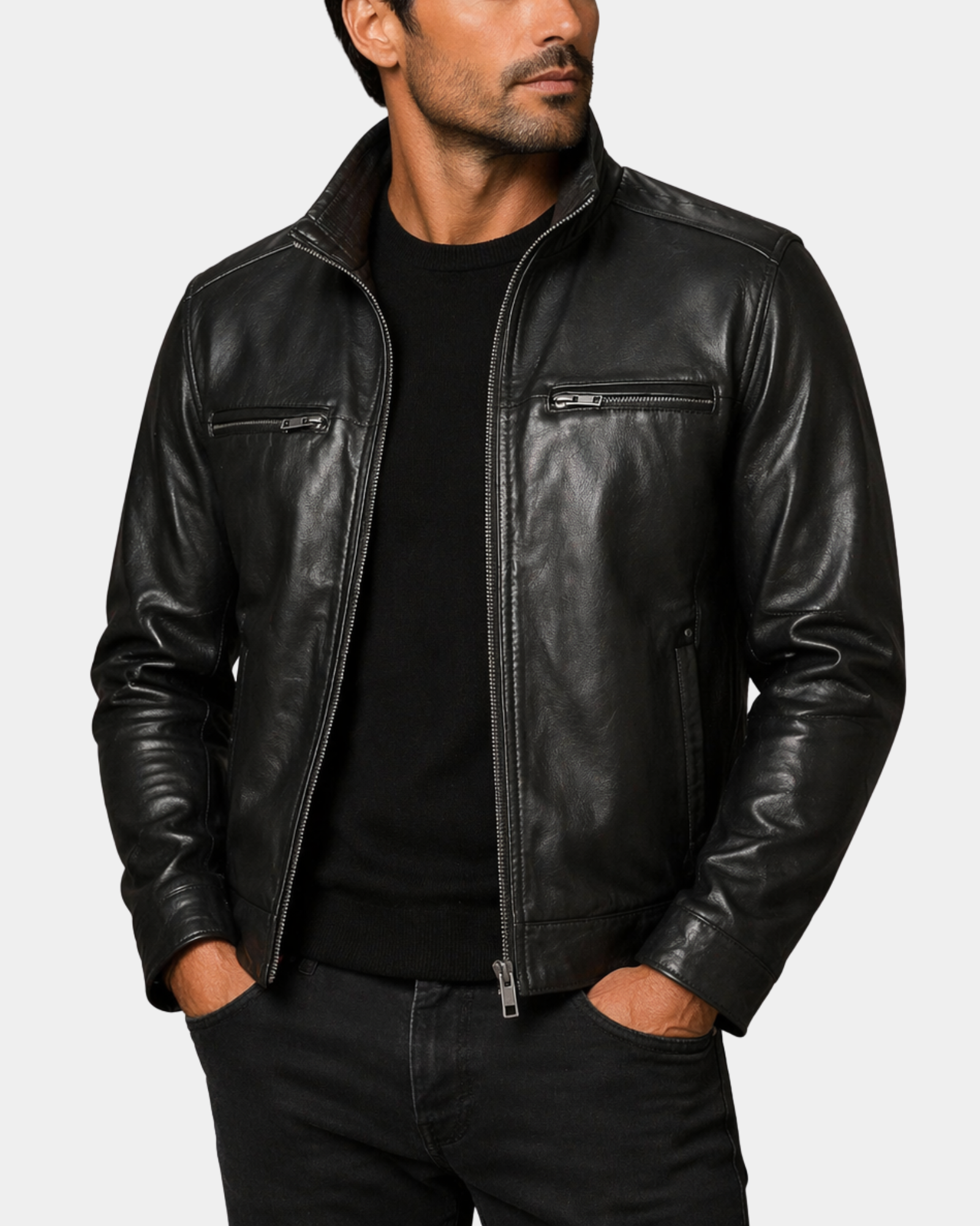 Men's Standing Collar Leather Jacket Tony Nova Black open front view