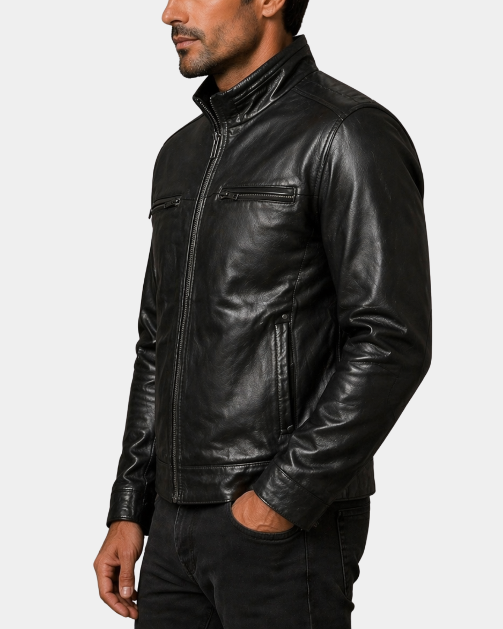 Men's Standing Collar Leather Jacket Tony Nova Black side view