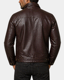 Men's Standing Collar Leather Jacket Tony Zenith Brown back view
