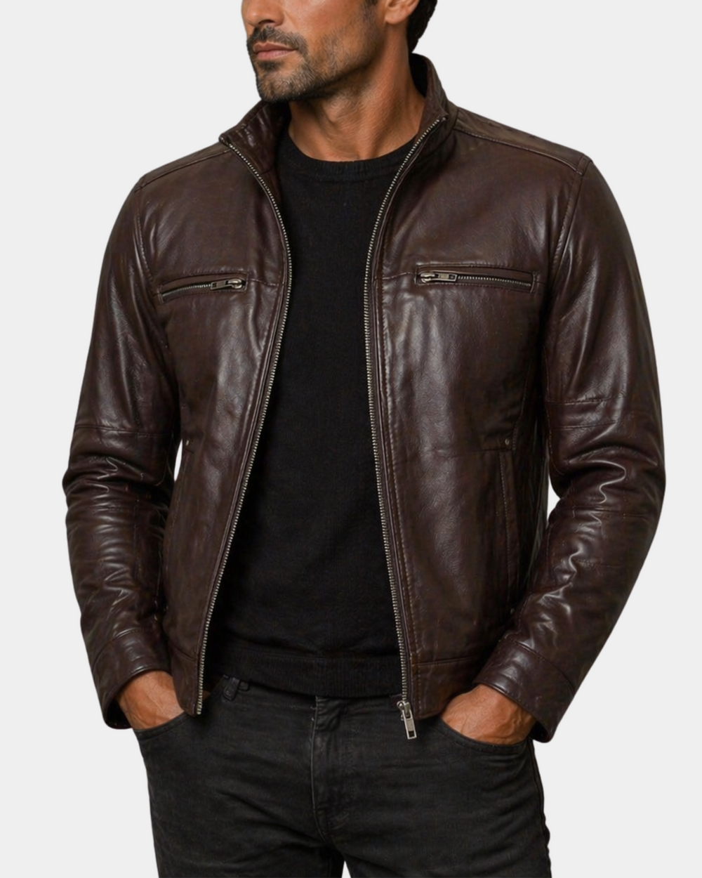Men's Standing Collar Leather Jacket Tony Zenith Brown closed front view