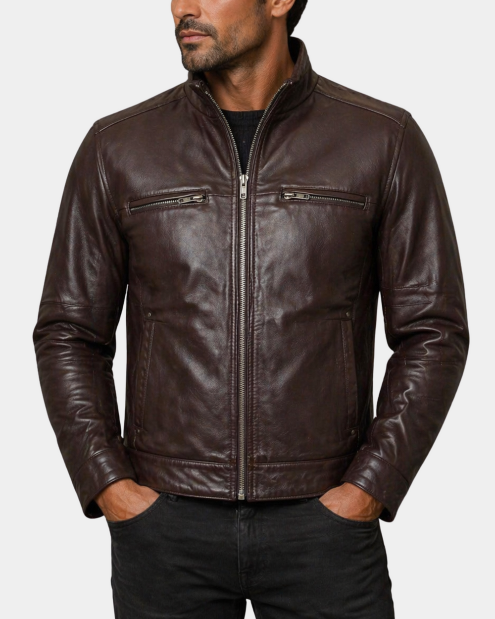 Men's Standing Collar Leather Jacket Tony Zenith Brown open front view