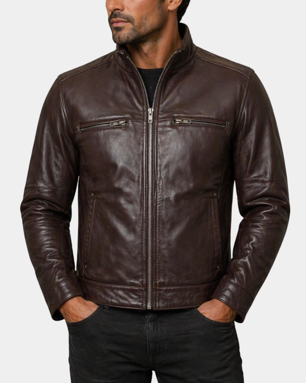 Men's Standing Collar Leather Jacket Tony Zenith Brown open front view