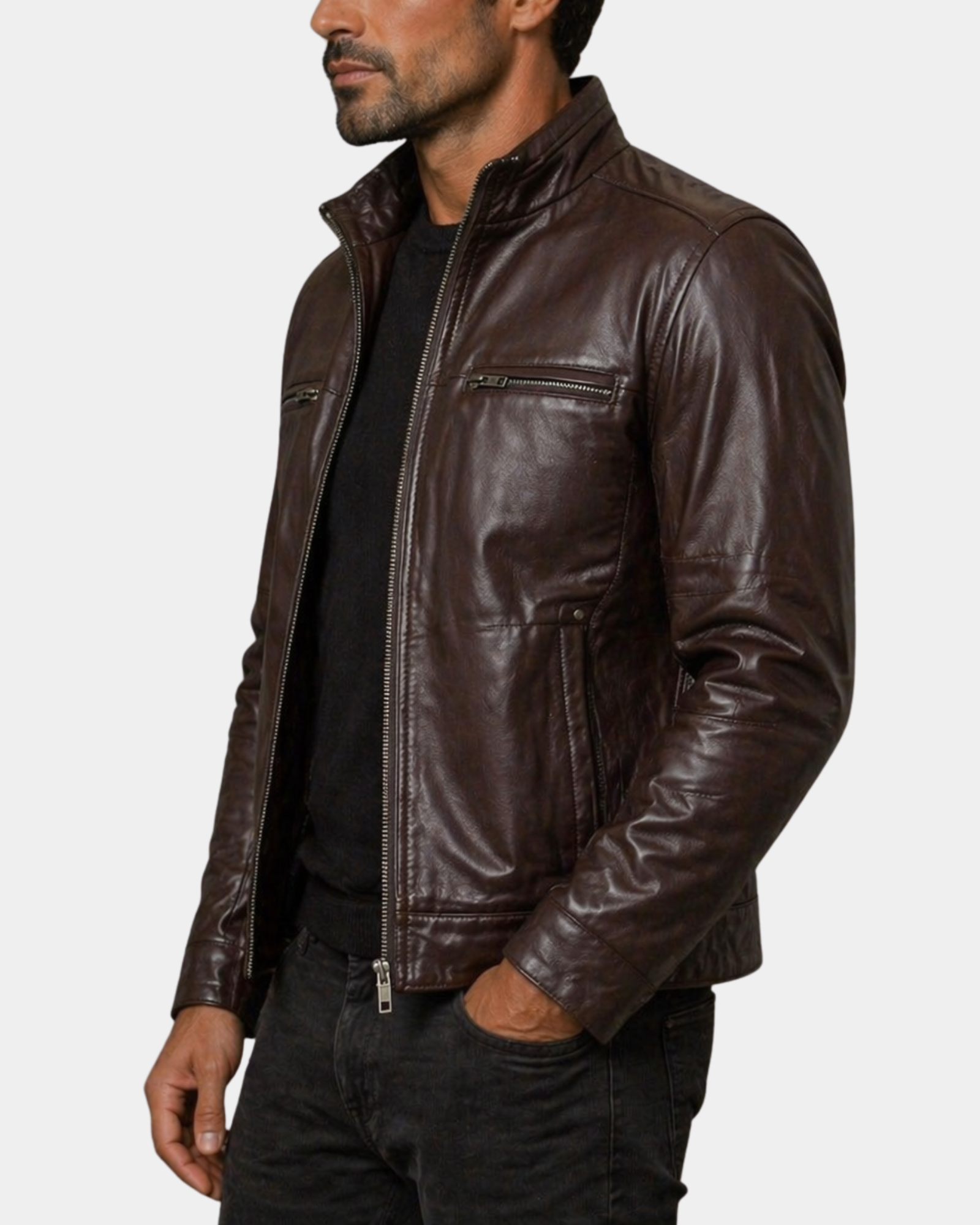 Men's Standing Collar Leather Jacket Tony Zenith Brown side view
