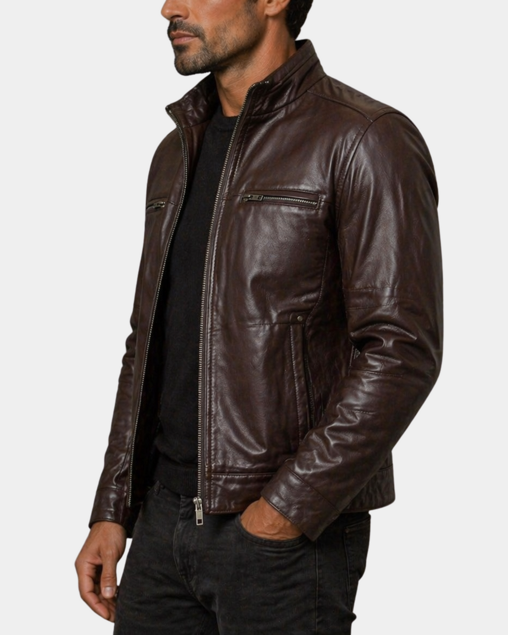 Men's Standing Collar Leather Jacket Tony Zenith Brown side view