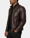 Men's Standing Collar Leather Jacket Tony Zenith Brown side view