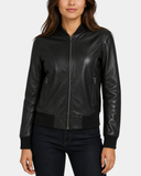 Women's Real Leather Varsity Bomber Jacket Nova Black - front view close up