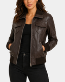 Women's Leather Classic Bomber Jacket Motto Espresso Brown - front view close up