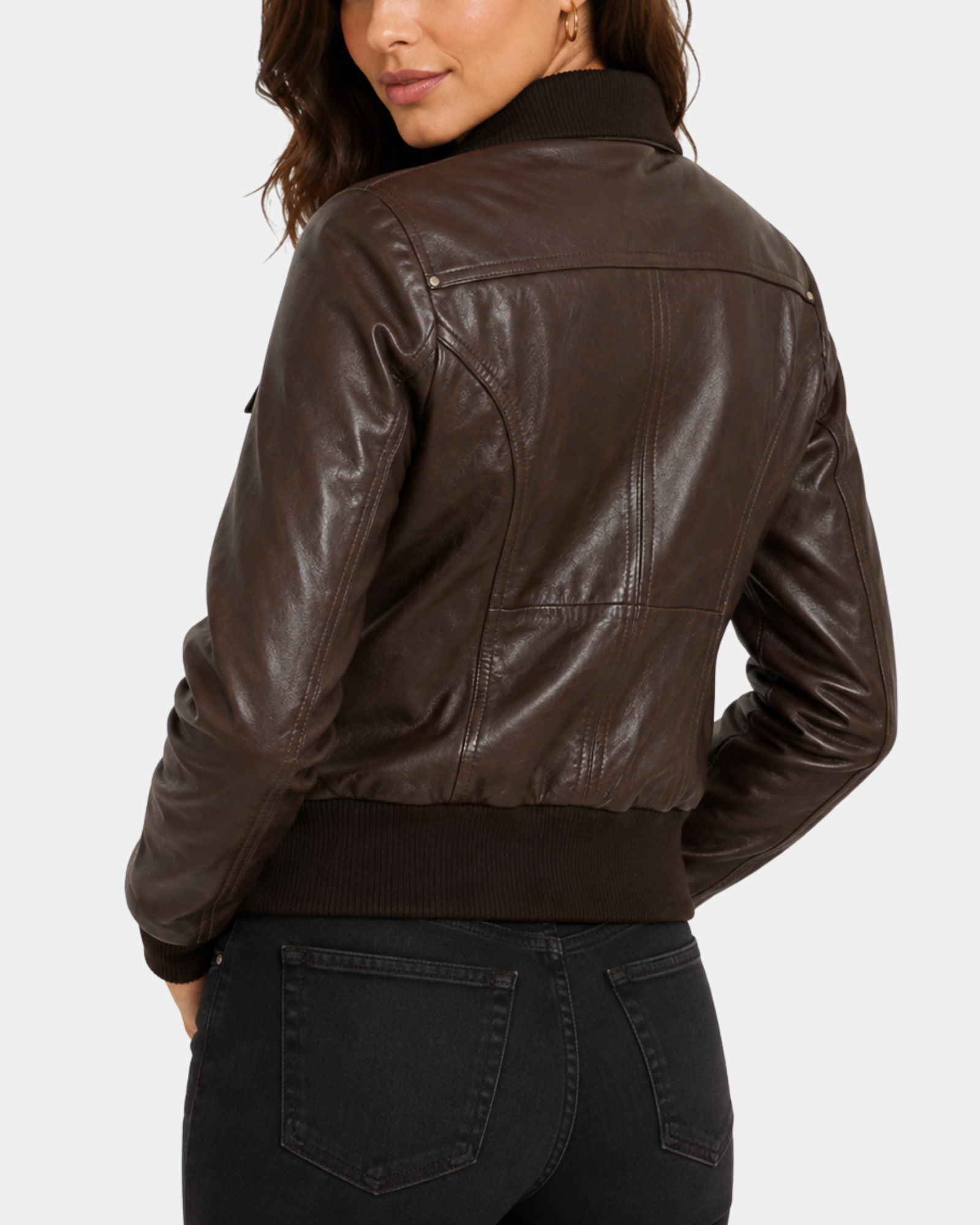 Women's Leather Classic Bomber Jacket Motto Espresso Brown - back view