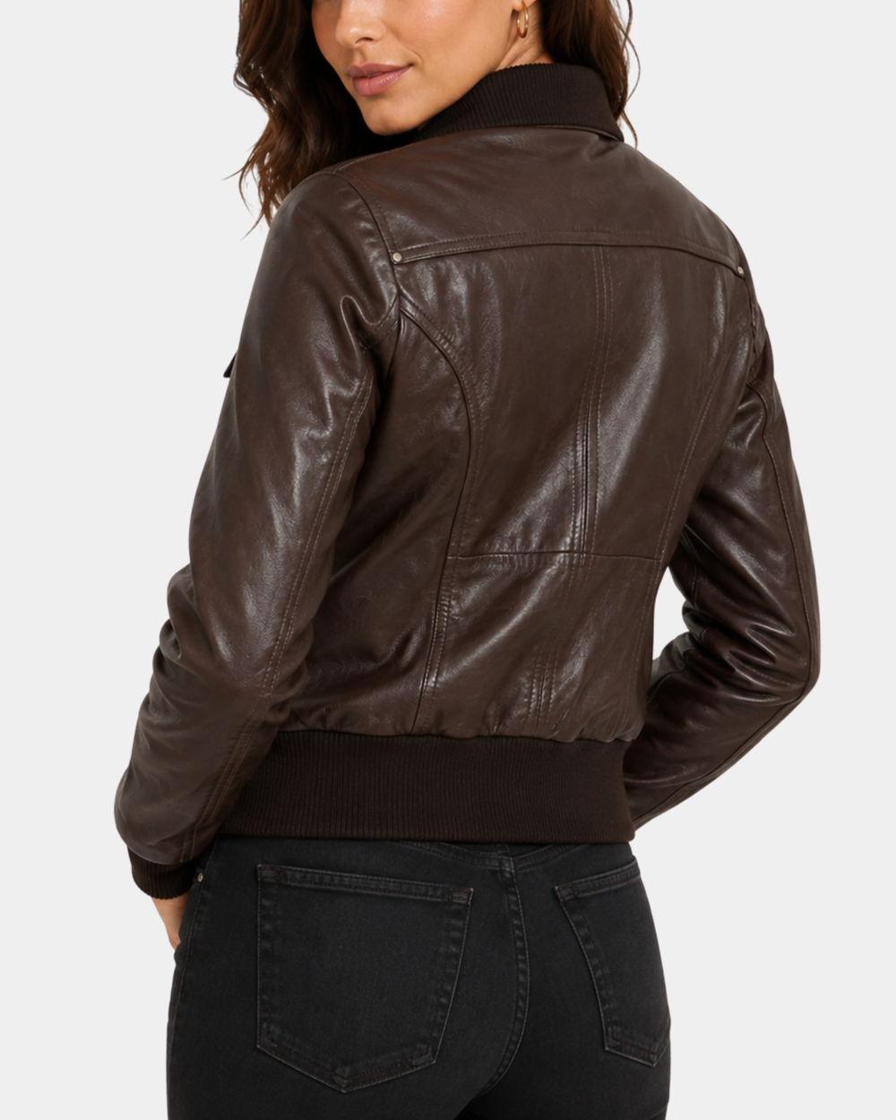 Women's Leather Classic Bomber Jacket Motto Espresso Brown - back view