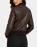 Women's Leather Classic Bomber Jacket Motto Espresso Brown - back view