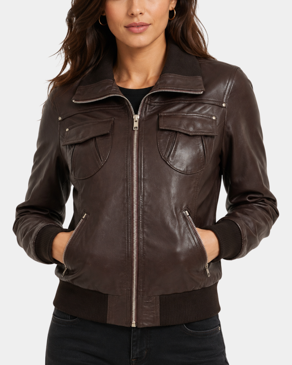 Women's Leather Classic Bomber Jacket Motto Espresso Brown - front view