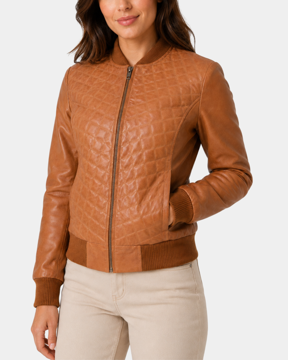 Women's Leather Varsity Quilted Bomber Jacket Dynamo Tan - front view close up
