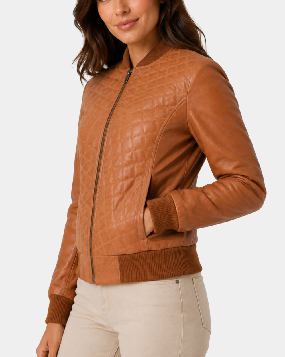 Women's Leather Varsity Quilted Bomber Jacket Dynamo Tan - side view