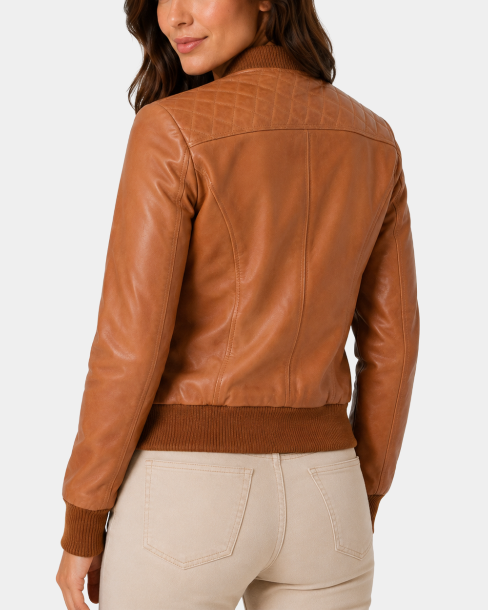 Women's Leather Varsity Quilted Bomber Jacket Dynamo Tan - back view