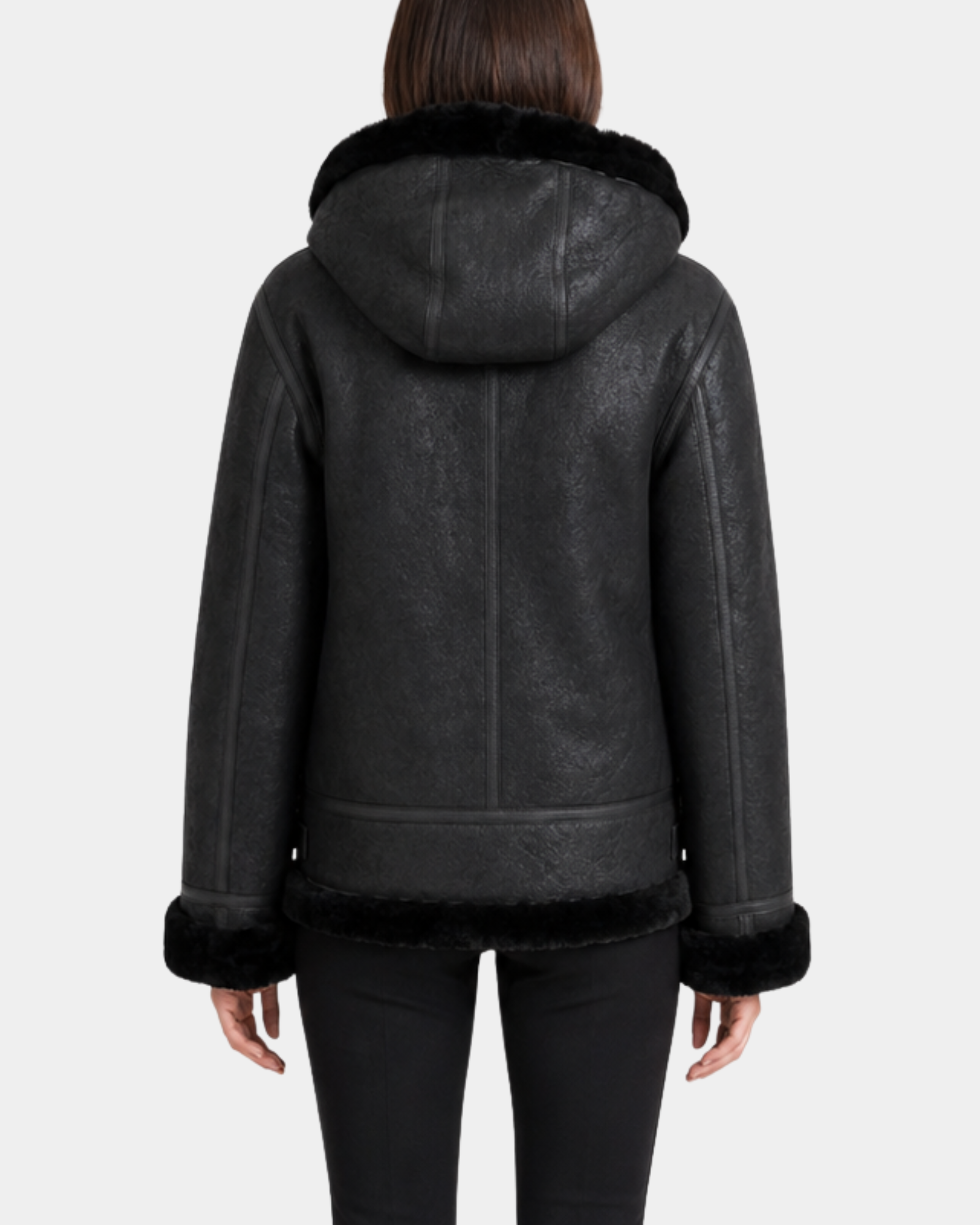 Women's Sheepskin B3 Detachable Hoodie Jacket Nova Black back model view