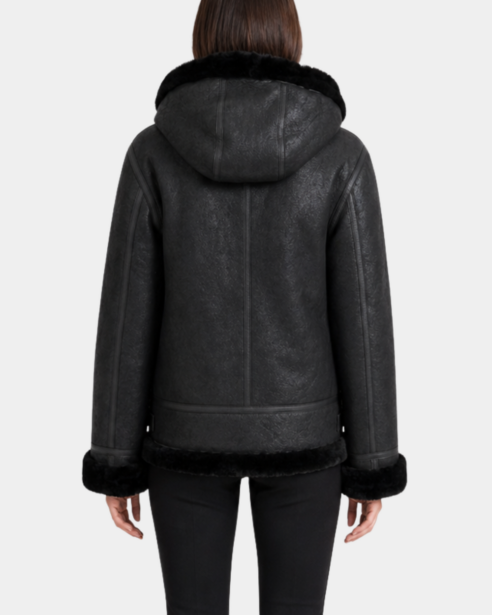 Women's Sheepskin B3 Detachable Hoodie Jacket Nova Black back model view