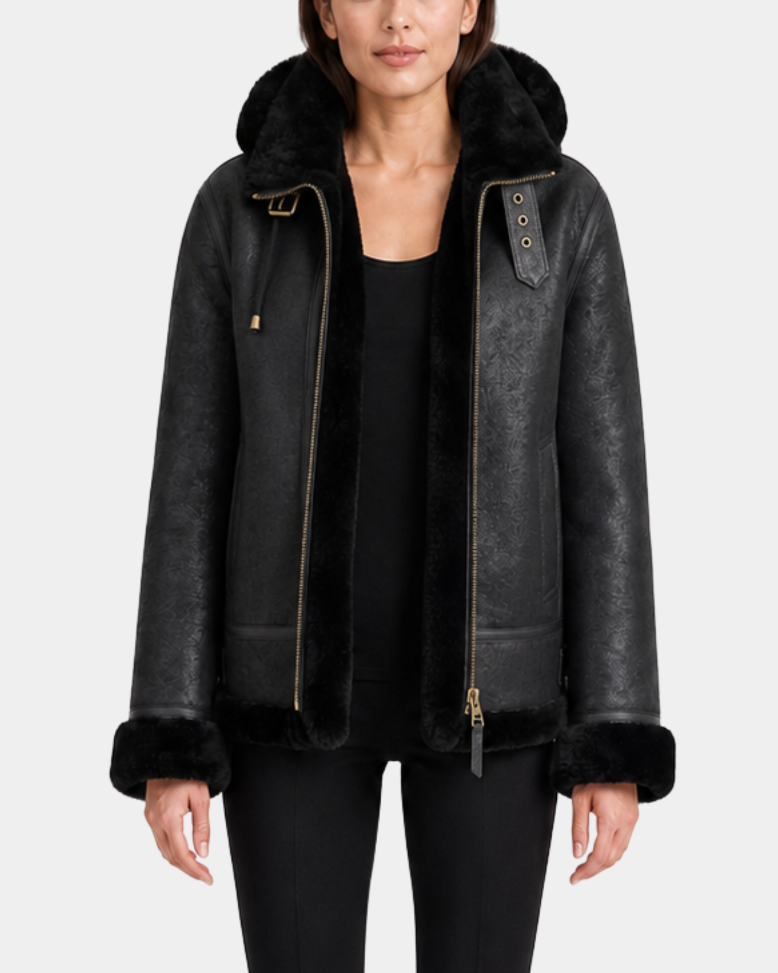 Women's Sheepskin B3 Detachable Hoodie Jacket Nova Black open-front close model view
