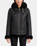 Women's Sheepskin B3 Detachable Hoodie Jacket Nova Black open-front model view