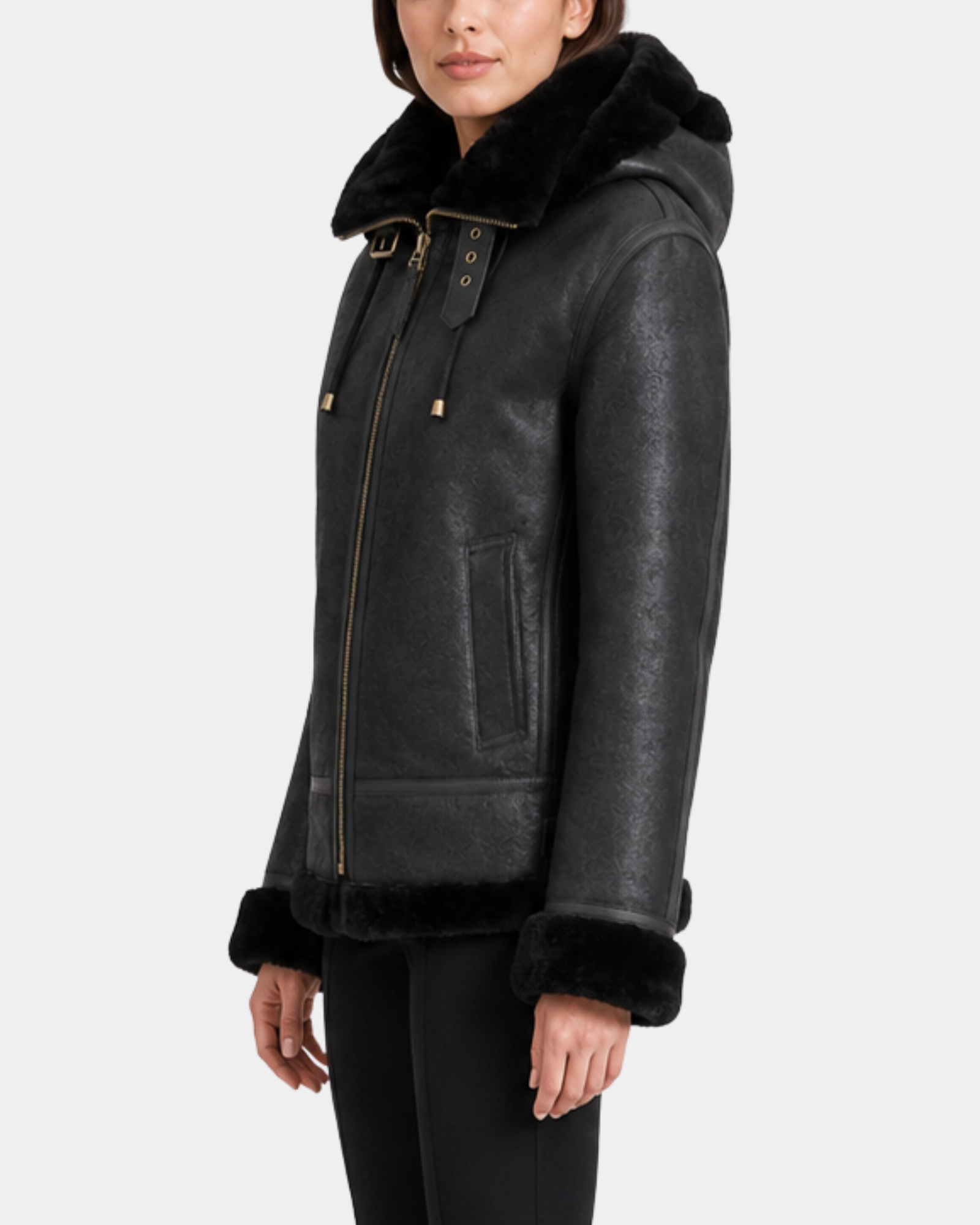 Women's Sheepskin B3 Detachable Hoodie Jacket Nova Black side model view