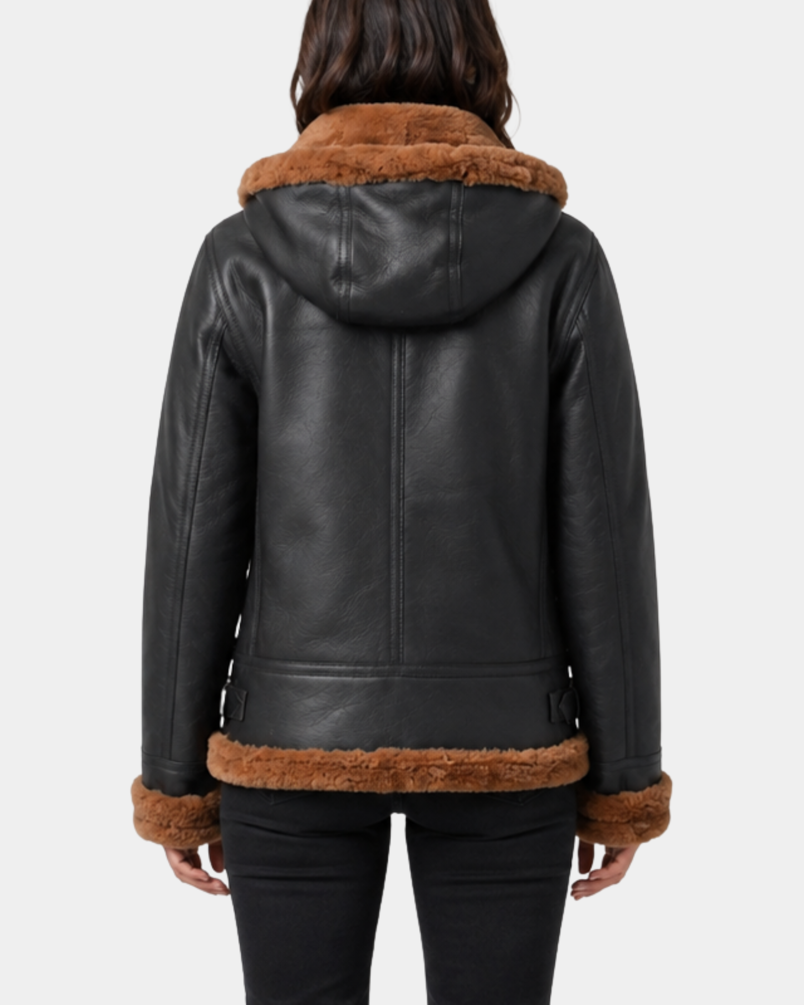 Women's Zenith Brown and ginger sheepskin B3 detachable hood jacket back view
