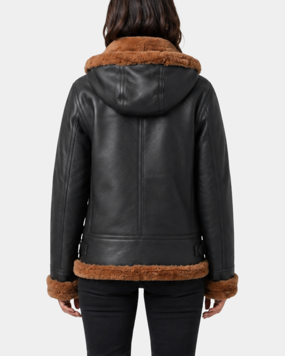 Women's Zenith Brown and ginger sheepskin B3 detachable hood jacket back view
