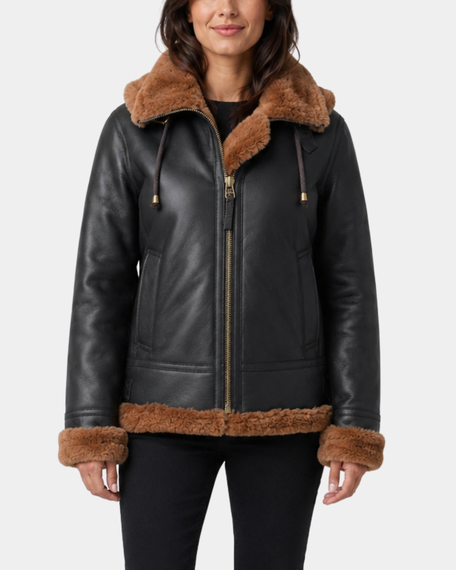 Women's Zenith Brown and ginger sheepskin B3 detachable hood jacket closed front view