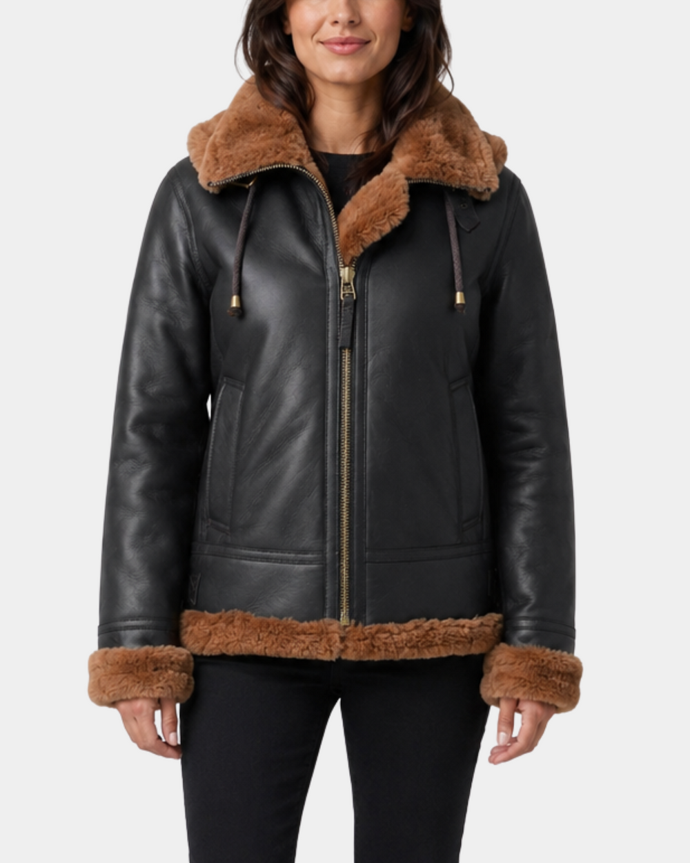 Women's Zenith Brown and ginger sheepskin B3 detachable hood jacket closed front view