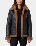 Women's Zenith Brown and ginger sheepskin B3 detachable hood jacket open front view