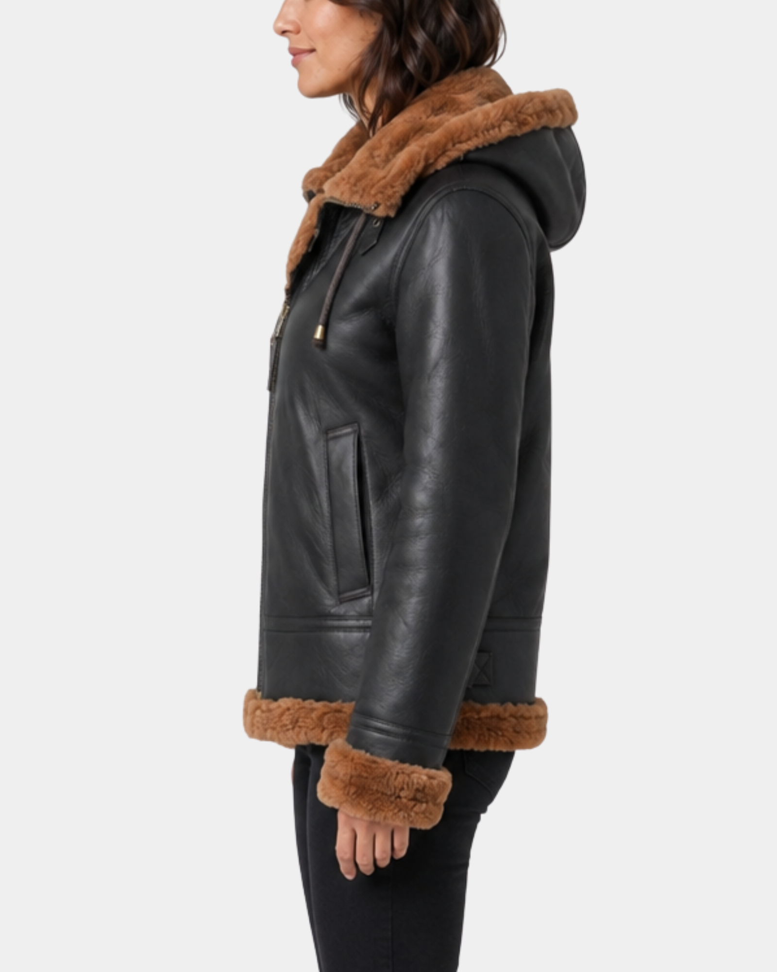 Women's Zenith Brown and ginger sheepskin B3 detachable hood jacket side view