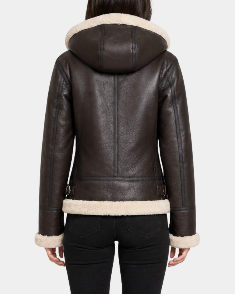 Women's Zenith Brown and white sheepskin B3 detachable hood jacket back view