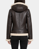 Women's Zenith Brown and white sheepskin B3 detachable hood jacket back view