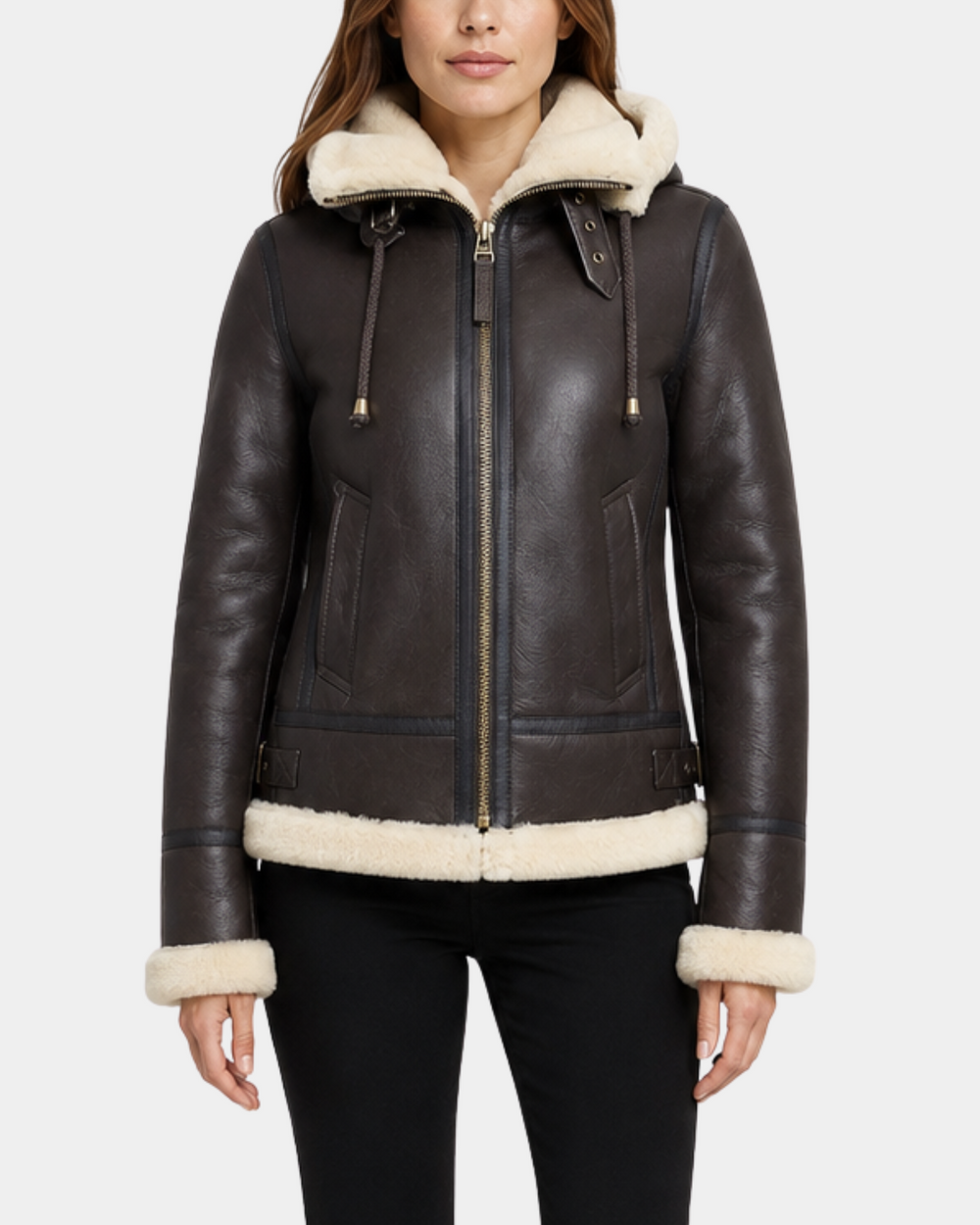 Women's Zenith Brown and white sheepskin B3 detachable hood jacket closed front view