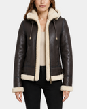Women's Zenith Brown and white sheepskin B3 detachable hood jacket open front view