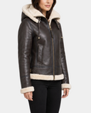 Women's Zenith Brown and white sheepskin B3 detachable hood jacket three-quarter view